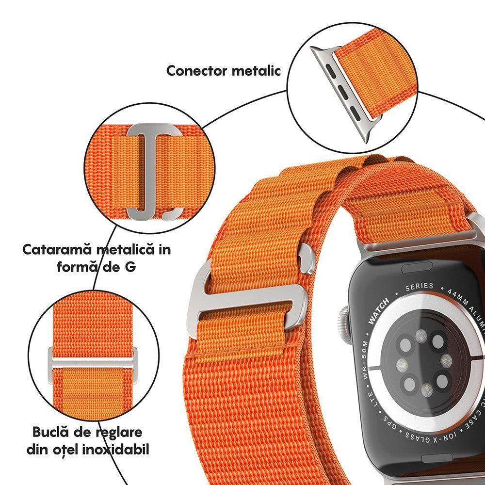 Curea Alpine Adventure - Apple Watch 1/2/3/4/5/6/7/8/9/SE/Ultra 1/Ultra 2 - 42/44/45/49 MM - Portocaliu
