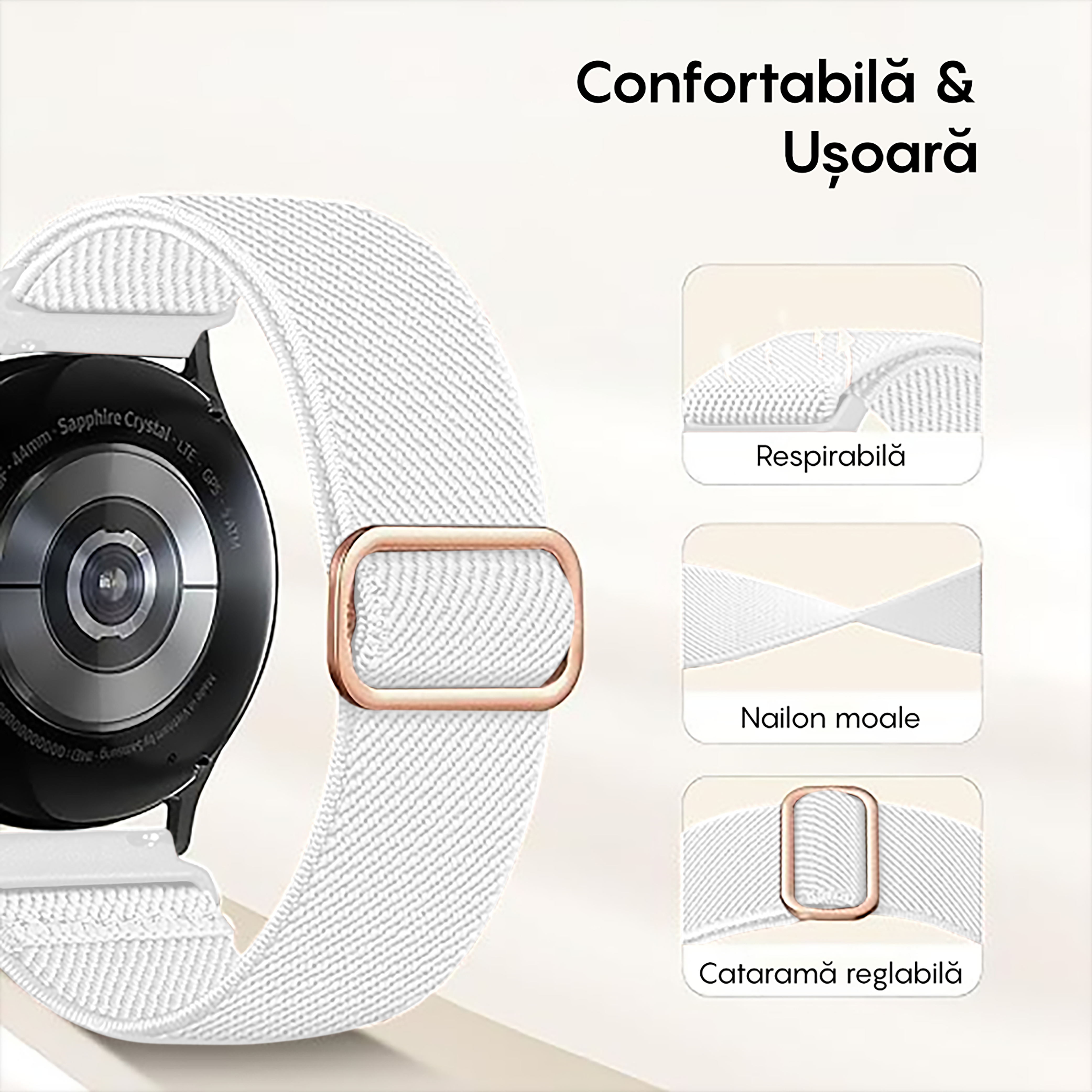 Curea Braided Classic - Samsung Galaxy Watch S3 Frontier/S3 Classic/3 45mm/46mm/Gear S3 - 22mm - Alb