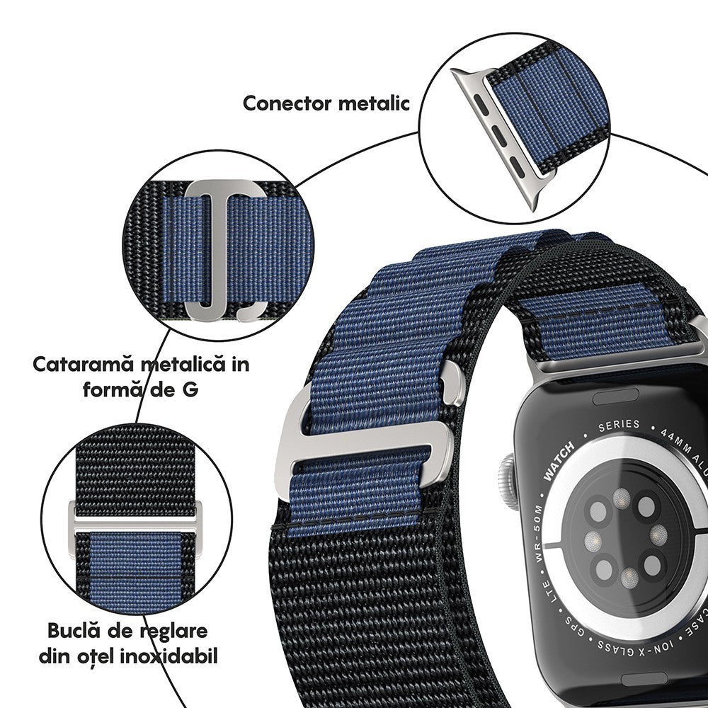 Curea Alpine Adventure - Apple Watch 1/2/3/4/5/6/7/8/9/10/11/SE/SE2/SE3/Ultra 1/Ultra 2/Ultra 3 - 42/44/45/46/49 MM - Albastru Inchis