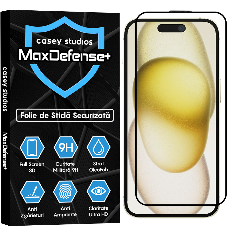Folie Sticla MaxDefense+ - iPhone 15 - Negru