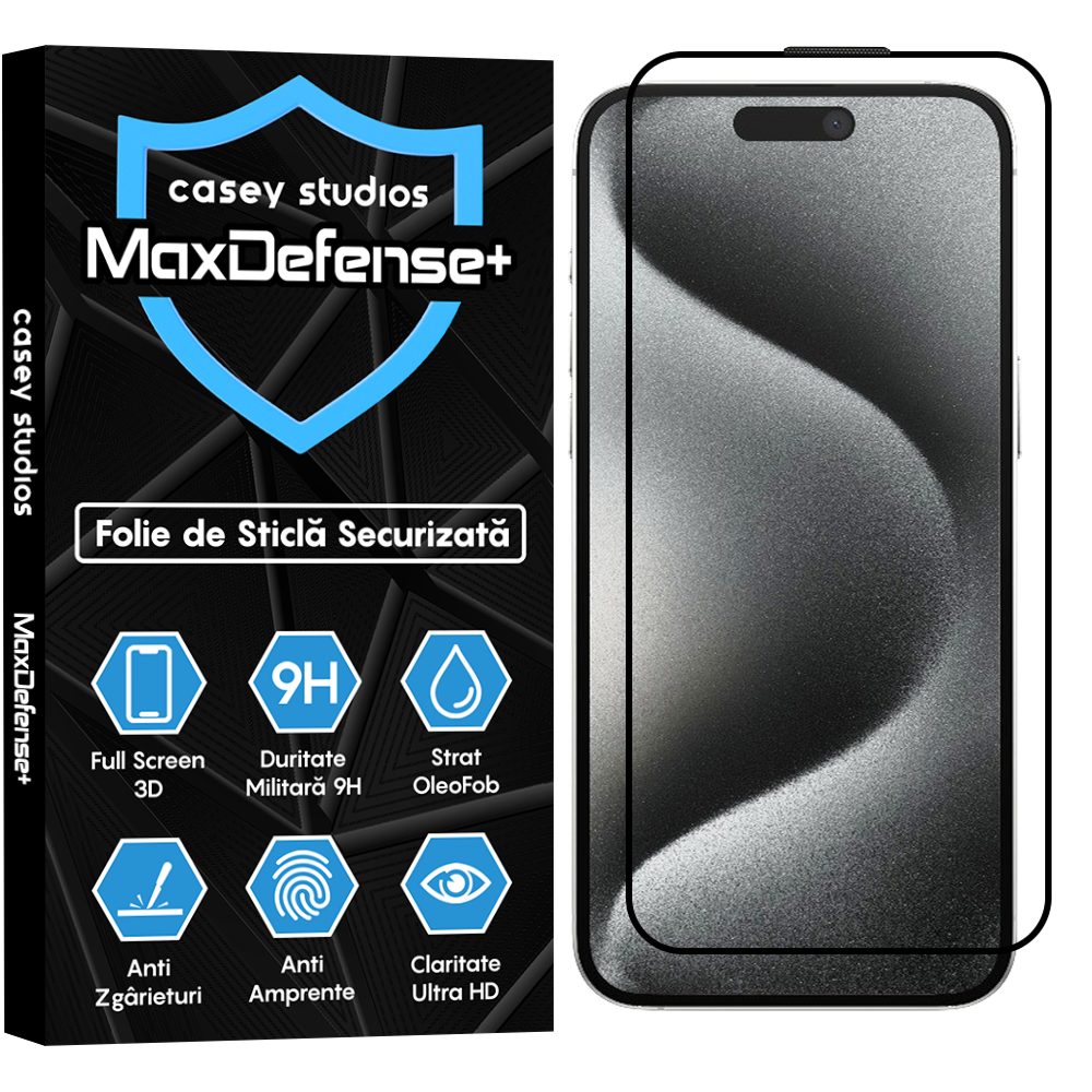 Folie Sticla MaxDefense+ - iPhone 15 Pro Max - Negru