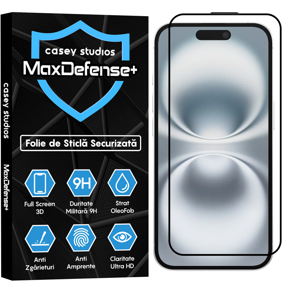 Folie Sticla MaxDefense+ - iPhone 16 - Negru