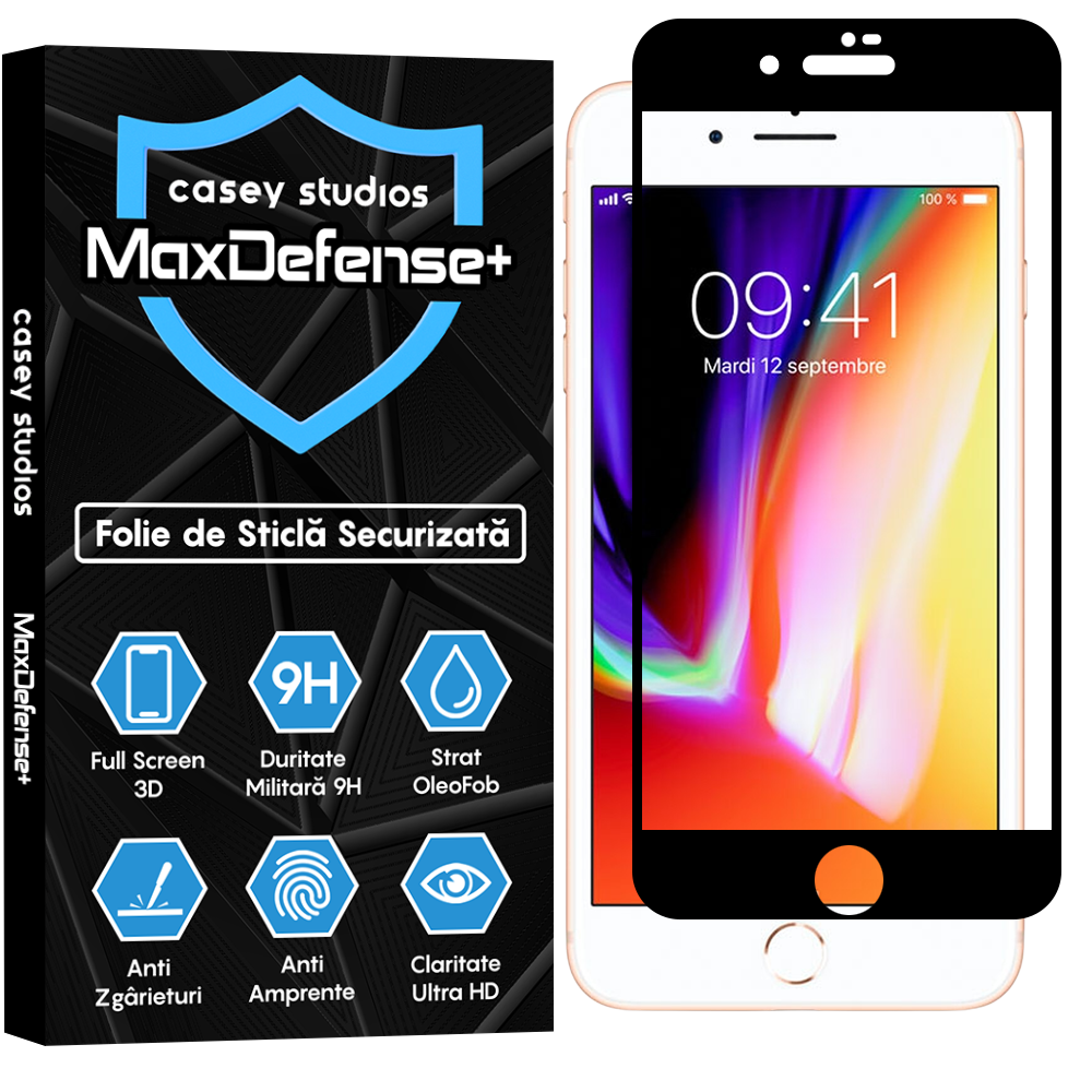 Folie Sticla MaxDefense+ - iPhone 7 Plus/8 Plus - Negru