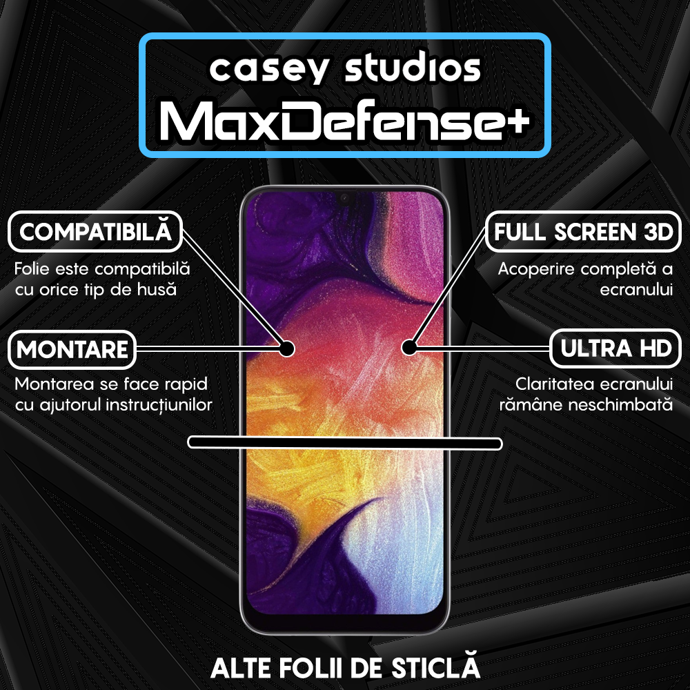 Folie Sticla MaxDefense+ - Samsung Galaxy A50/A50s/A20/A30/A30s/M21/M30/M30s/M31 - Negru
