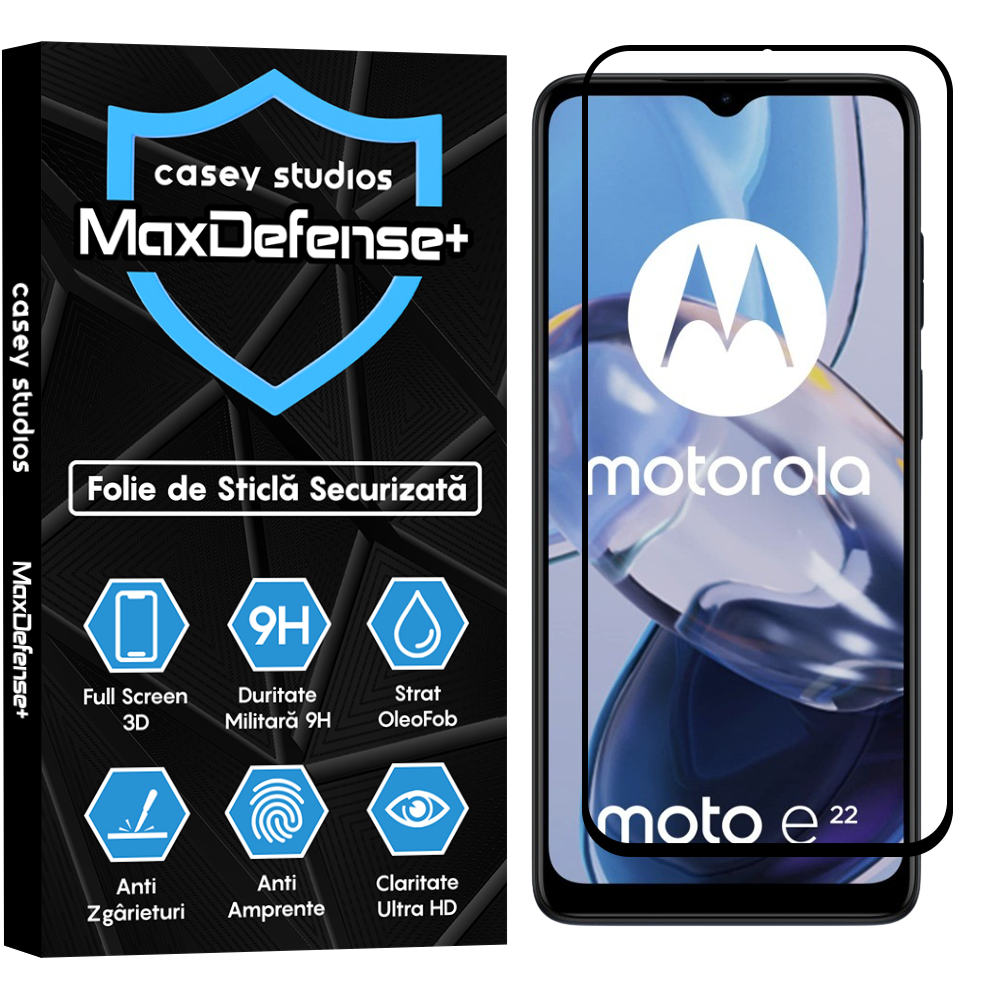 Folie Sticla MaxDefense+ - Motorola Moto E22/Moto E22i - Negru