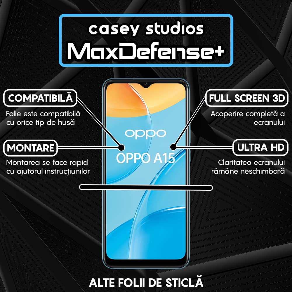 Folie Sticla MaxDefense+ - Oppo A15/A15s/A16/A16s/A54s - Negru