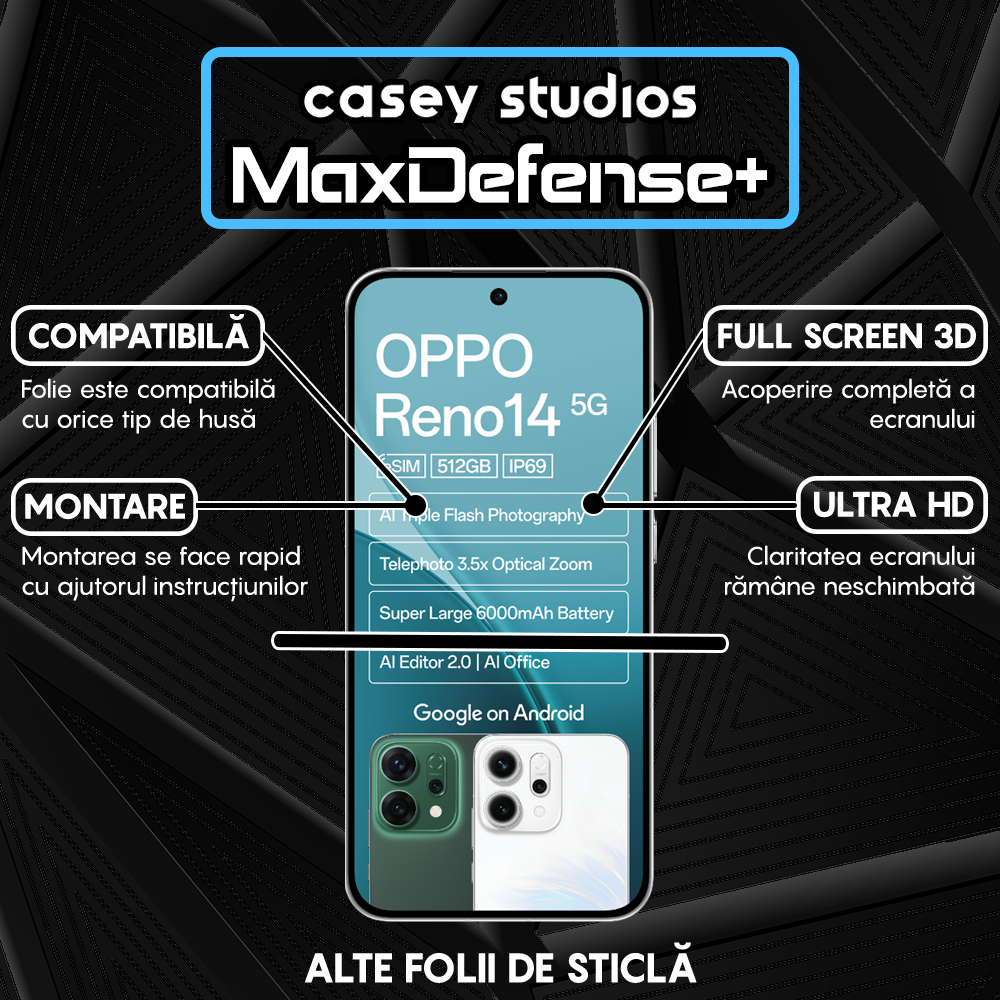 Folie Sticla MaxDefense+ - Oppo Reno14 - Negru