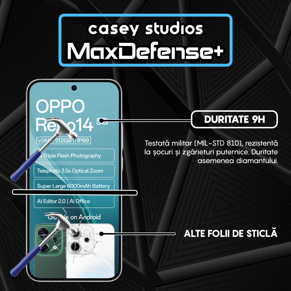 Folie Sticla MaxDefense+ - Oppo Reno14 - Negru