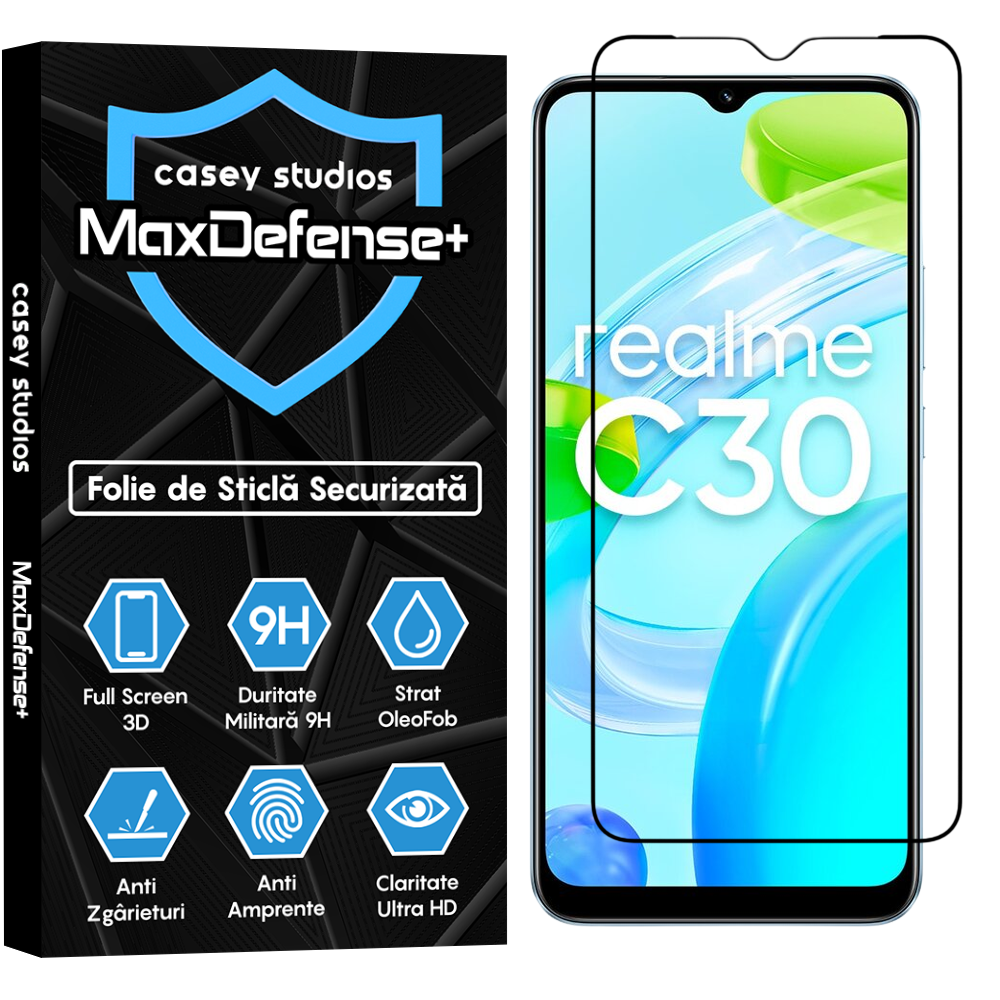 Folie Sticla MaxDefense+ - Realme C30 - Negru