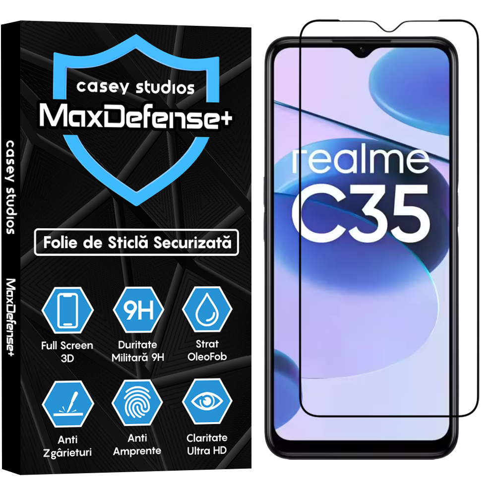 Folie Sticla MaxDefense+ - Realme C35 - Negru