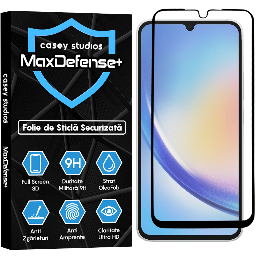 Folie Sticla MaxDefense+ - Samsung Galaxy A34/A15/A15 5G/A24 4G/A25/M15 - Negru
