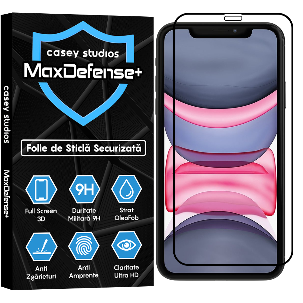 Folie Sticla MaxDefense+ - iPhone XR/11 - Negru