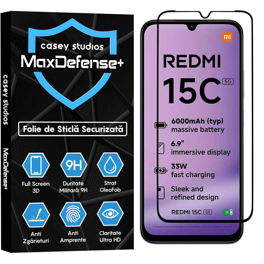 Folie Sticla MaxDefense+ - Xiaomi Redmi 15C 5G - Negru