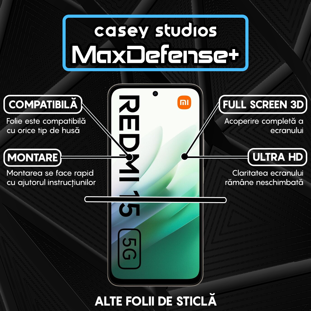 Folie Sticla MaxDefense+ - Xiaomi Redmi 15 5G - Negru