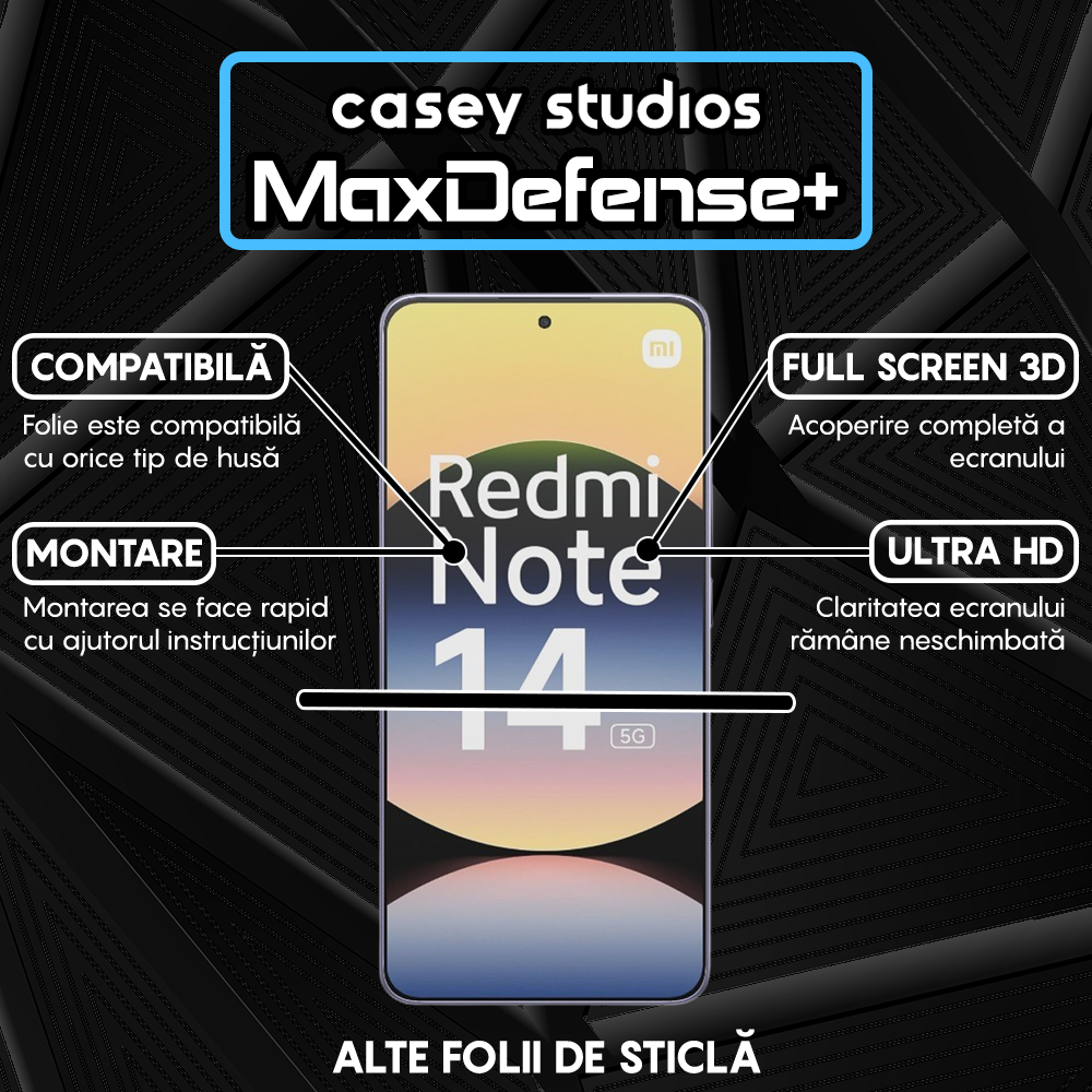 Folie Sticla MaxDefense+ - Xiaomi Redmi Note 14 5G - Negru