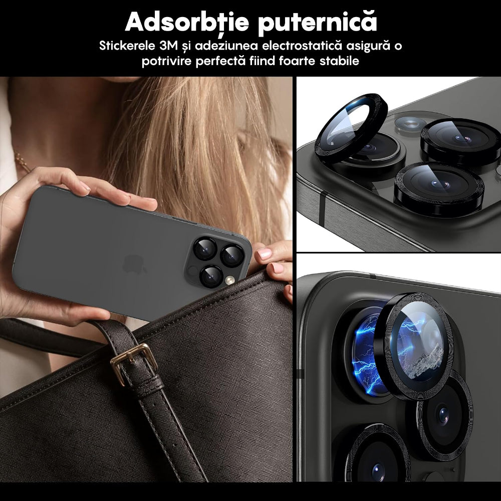 Folie Sticla Lentile Camera MaxDefense+ - iPhone 15 Pro/15 Pro Max - Negru