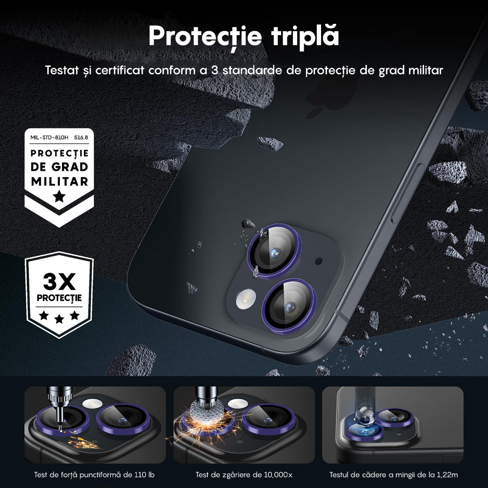 Folie Sticla Lentile Camera MaxDefense+ - iPhone 15 Pro/15 Pro Max - Mov Inchis