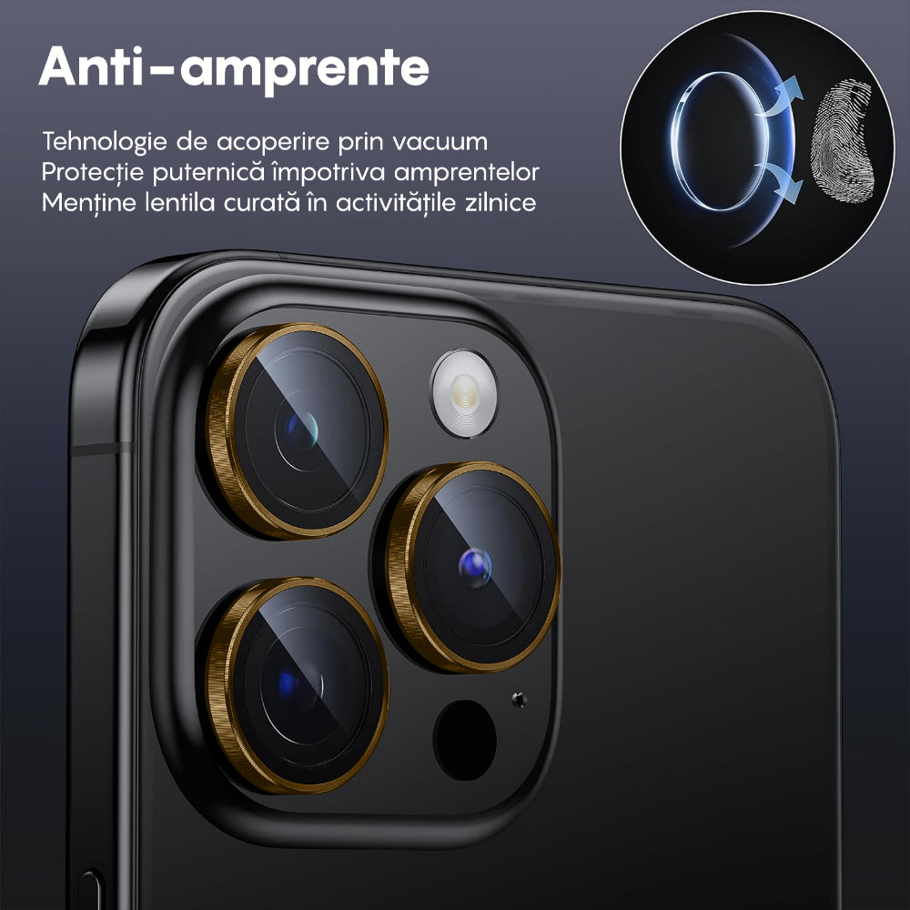 Folie Sticla Lentile Camera MaxDefense+ - iPhone 15 Pro/15 Pro Max - Galben