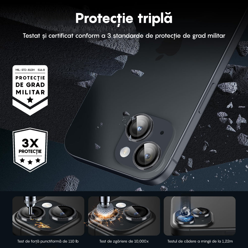 Folie Sticla Lentile Camera MaxDefense+ - iPhone 15 Pro/15 Pro Max - Argintiu