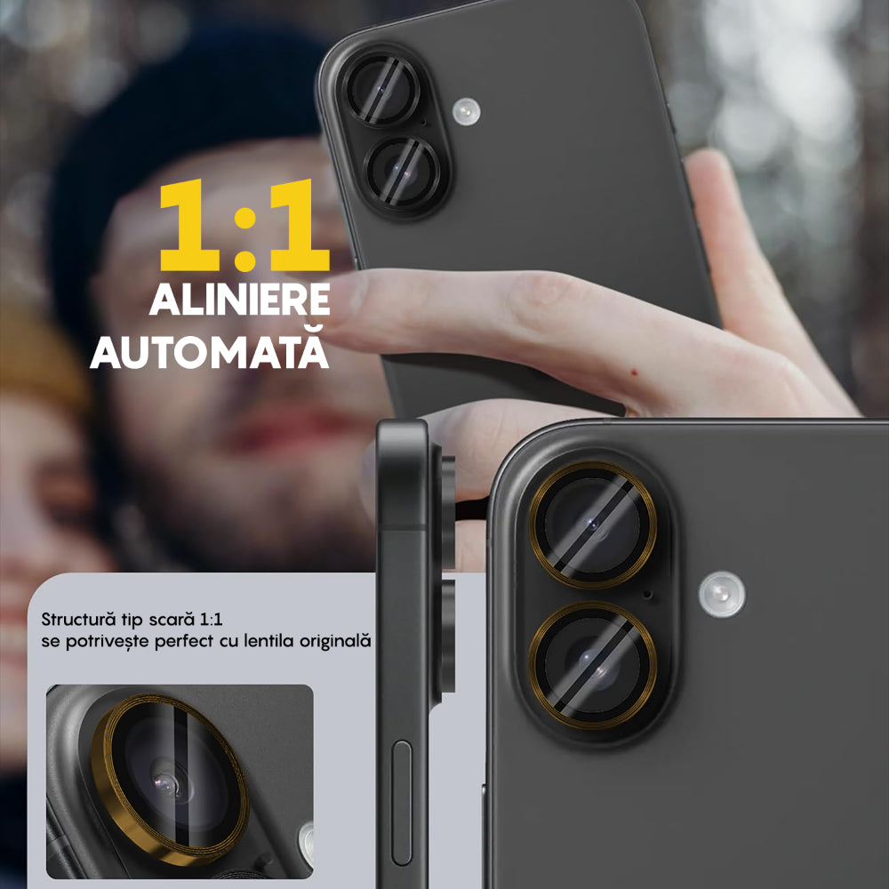 Folie Sticla Lentile Camera MaxDefense+ - iPhone 16/16 Plus - Galben