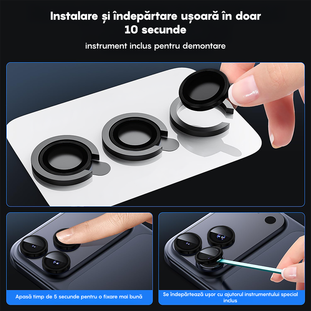 Folie Sticla Lentile Camera MaxDefense+ - iPhone 17 Pro / 17 Pro Max - Negru