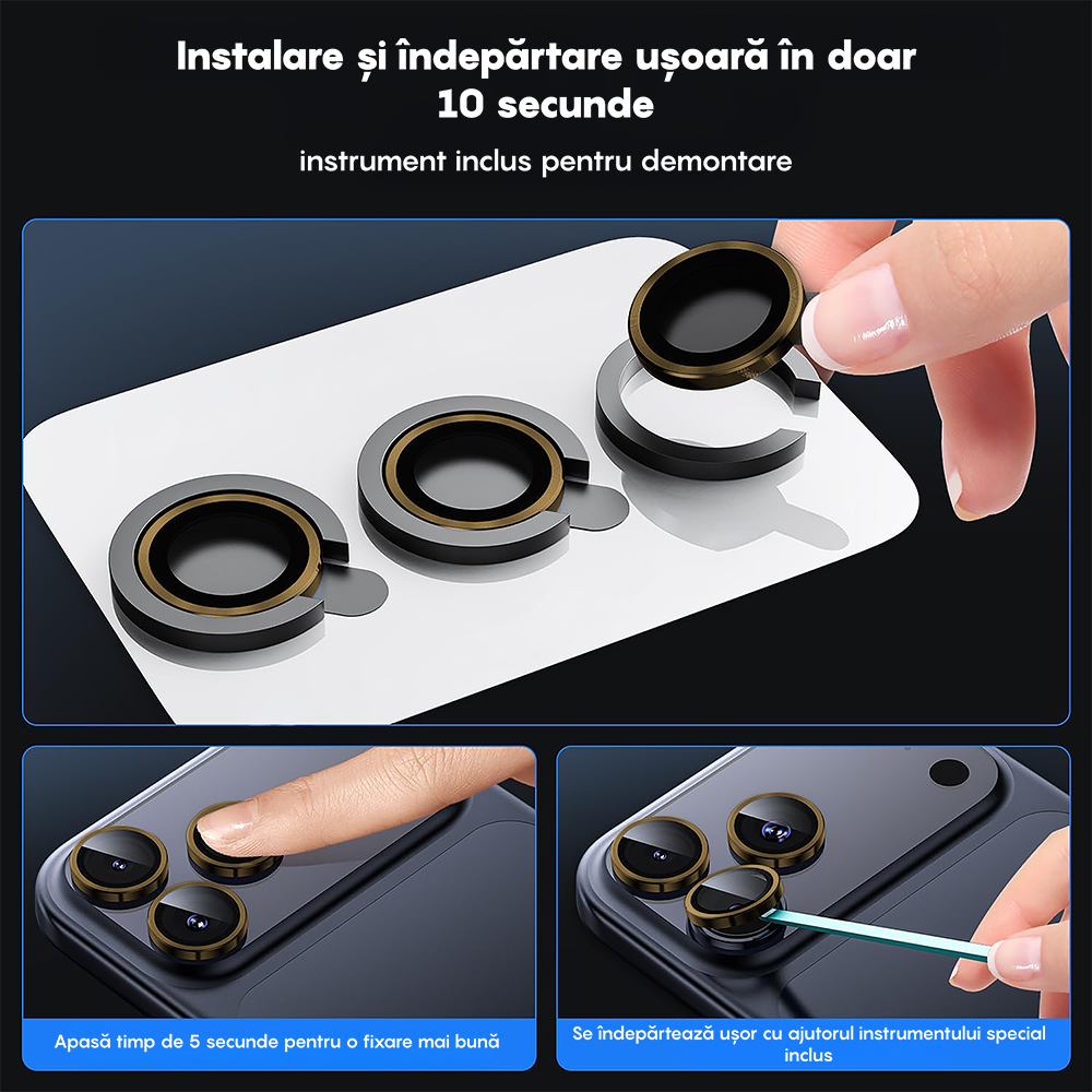 Folie Sticla Lentile Camera MaxDefense+ - iPhone 17 Pro / 17 Pro Max - Auriu