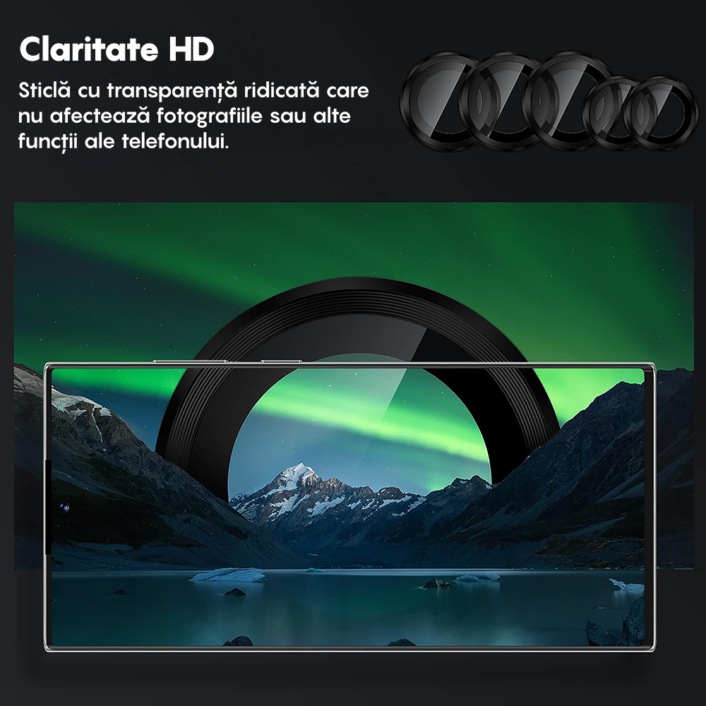 Folie Sticla Lentile Camera MaxDefense+ - Samsung Galaxy S22 Ultra - Negru