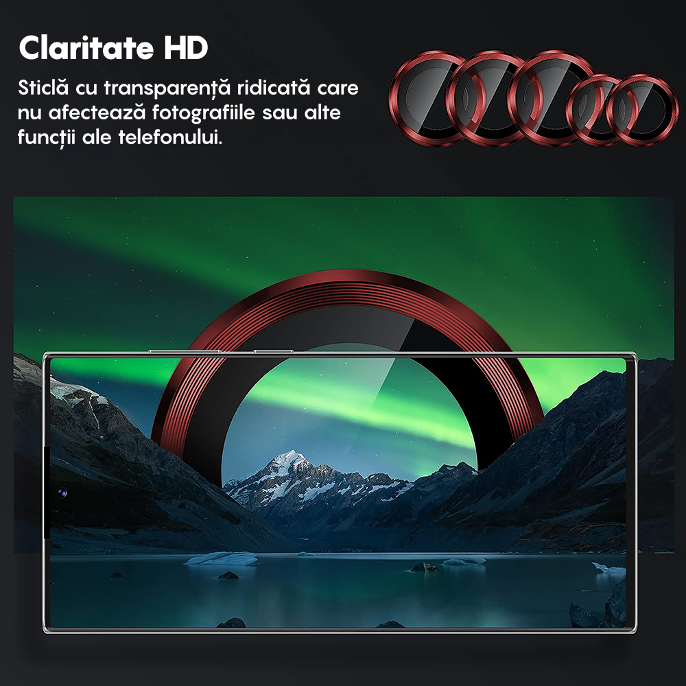 Folie Sticla Lentile Camera MaxDefense+ - Samsung Galaxy S22 Ultra - Rosu