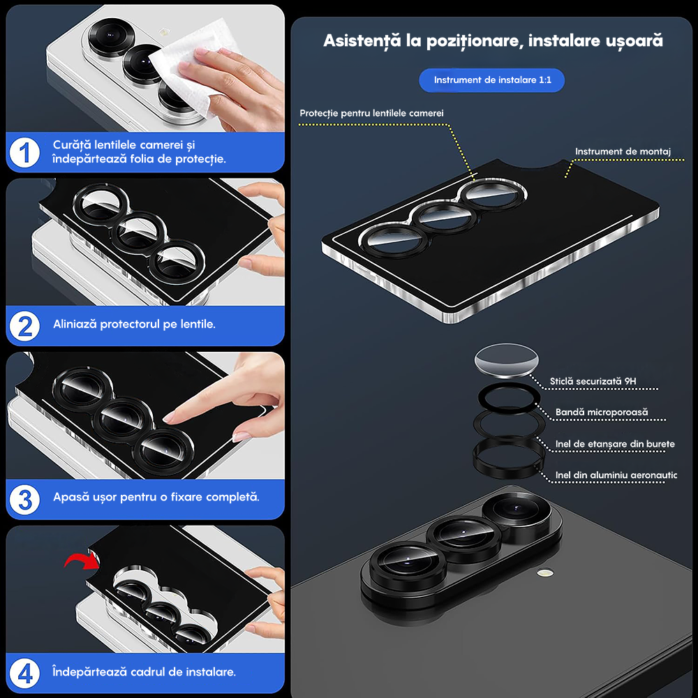 Folie Sticla Lentile Camera MaxDefense+ - Samsung Galaxy Z Fold7 - Negru