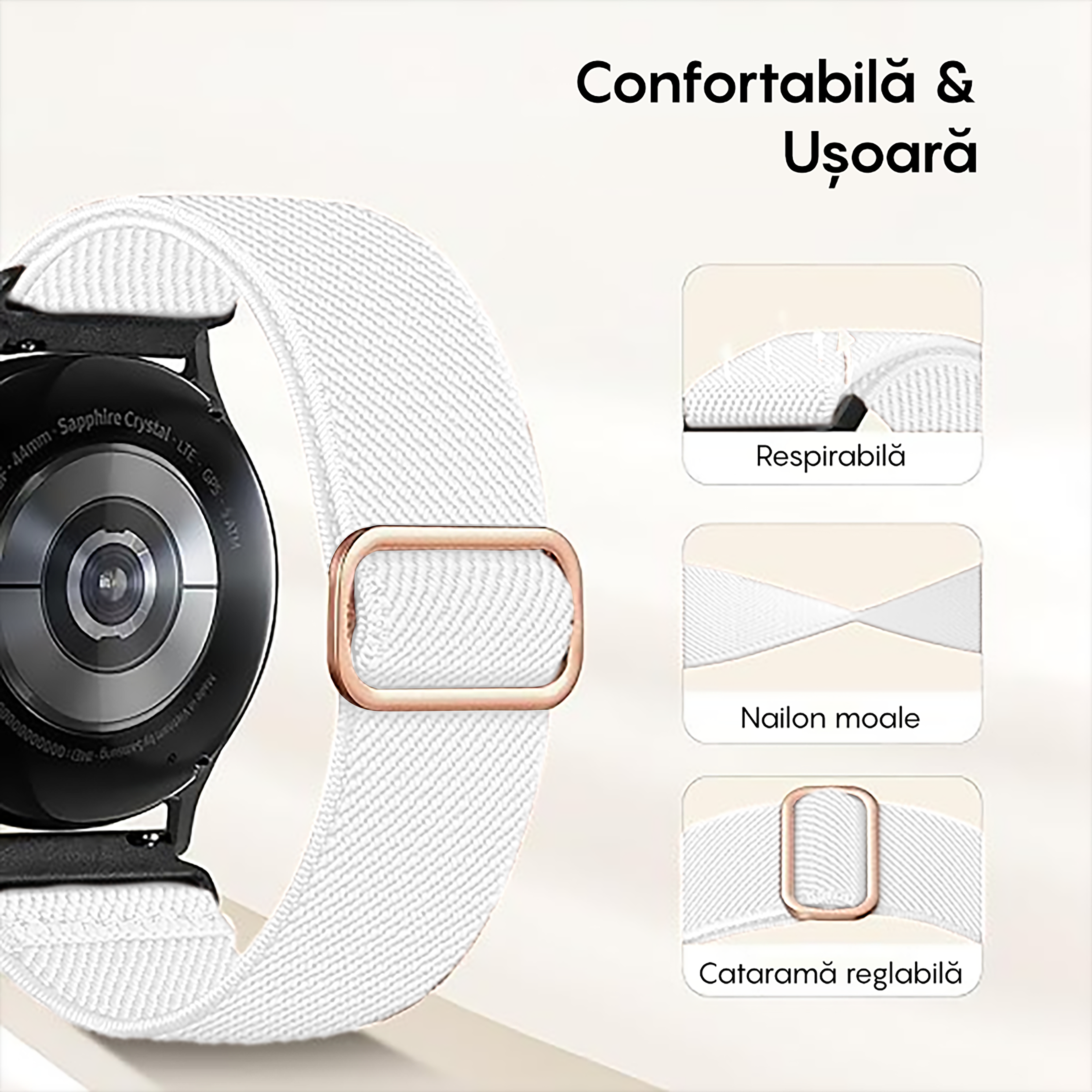 Curea Braided Classic - Samsung Galaxy Watch 7/6/6 Classic/5 Pro/5/4/4 Classic/3 41mm/42 mm/Active 2/Active/FE - 20mm - Alb