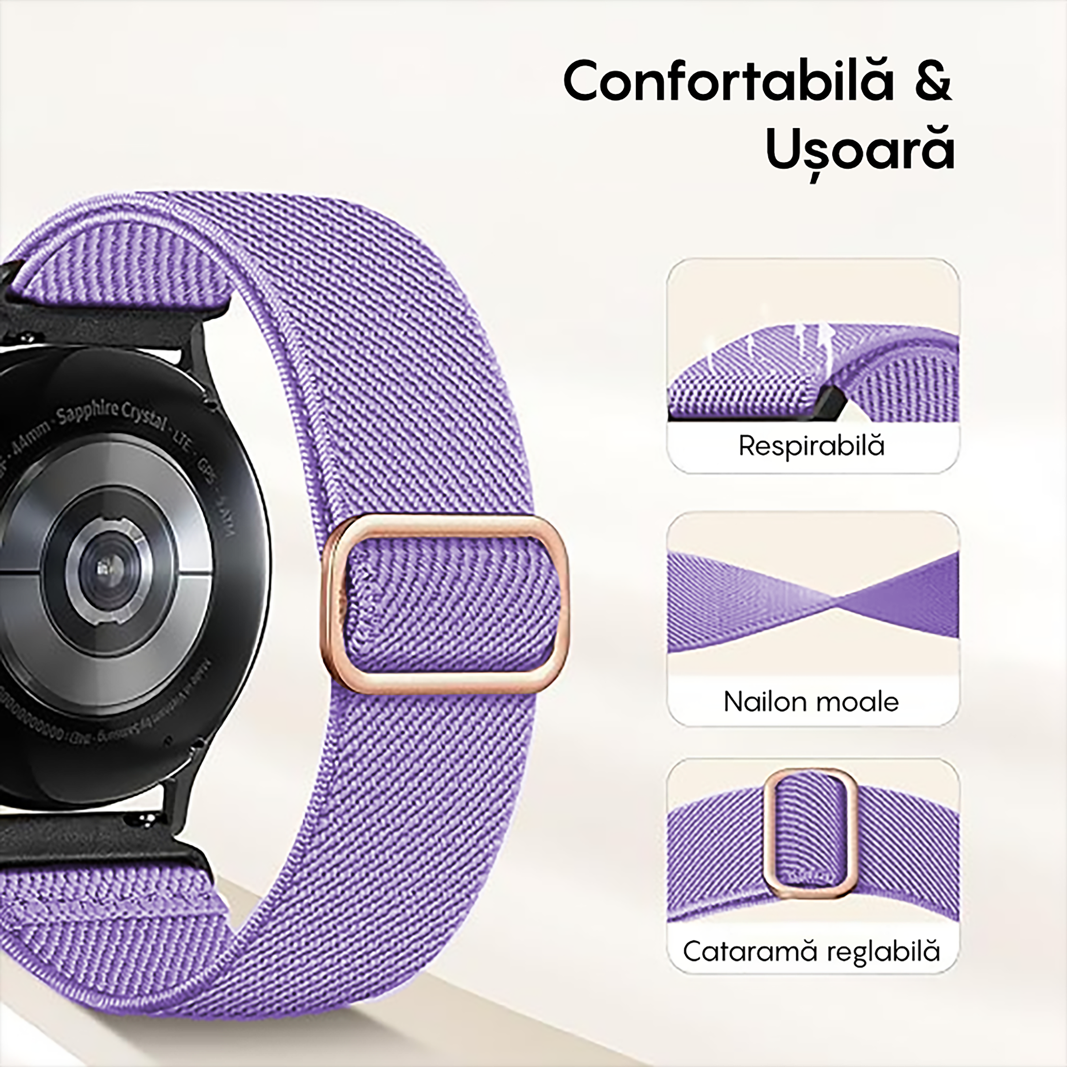 Curea Braided Classic - Samsung Galaxy Watch 7/6/6 Classic/5 Pro/5/4/4 Classic/3 41mm/42 mm/Active 2/Active/FE - 20mm - Mov