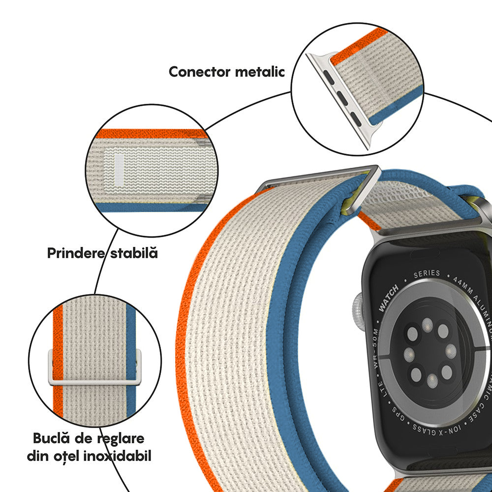 Curea Trail Scout - Apple Watch 1/2/3/4/5/6/7/8/9/SE/Ultra 1/Ultra 2 - 42/44/45/49 MM - Bej/Portocaliu