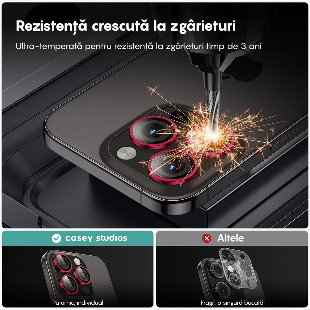 Folie Sticla Lentile Camera MaxDefense+ - iPhone 16 Pro/16 Pro Max - Rosu