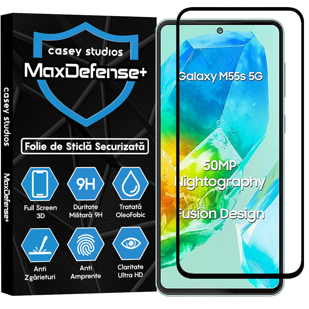 Folie Sticla MaxDefense+ - Samsung Galaxy M55s - Negru