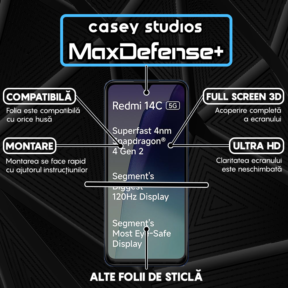 Folie Sticla MaxDefense+ - Xiaomi Redmi 14C 5G - Negru