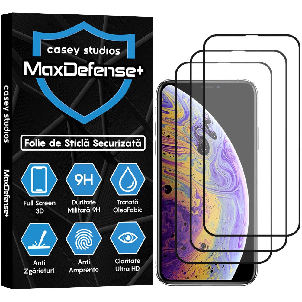 Pachet 2x Folie Sticla MaxDefense+ - iPhone X/XS - Negru