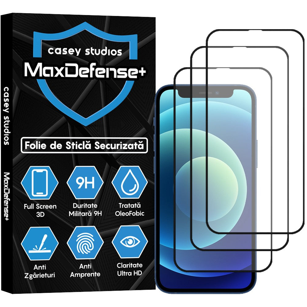 Pachet 3x Folie Sticla MaxDefense+ - iPhone 12 Mini - Negru