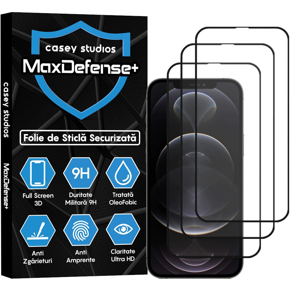 Pachet 3x Folie Sticla MaxDefense+ - iPhone 12 Pro Max - Negru