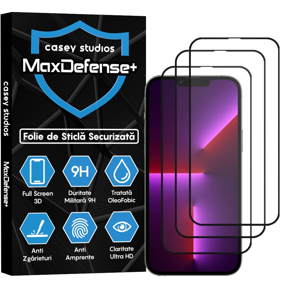 Pachet 3x Folie Sticla MaxDefense+ - iPhone 13 Pro Max - Negru