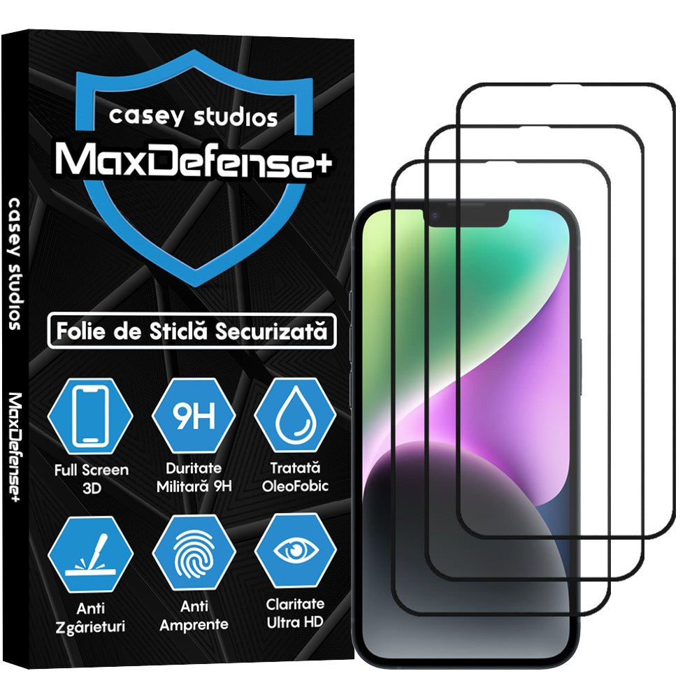 Pachet 3x Folie Sticla MaxDefense+ - iPhone 14 Plus - Negru