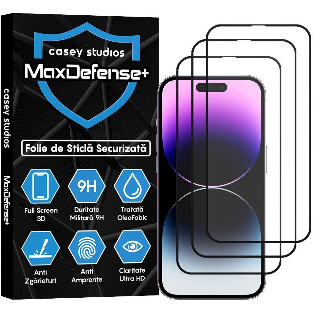 Pachet 3x Folie Sticla MaxDefense+ - iPhone 14 Pro - Negru