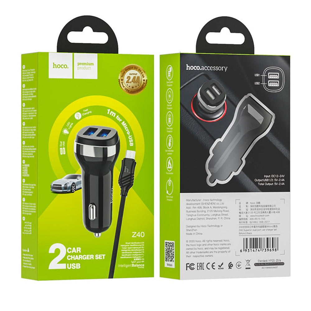 Kit Incarcator Auto + Cablu USB-A HOCO Z40 Superior - Negru