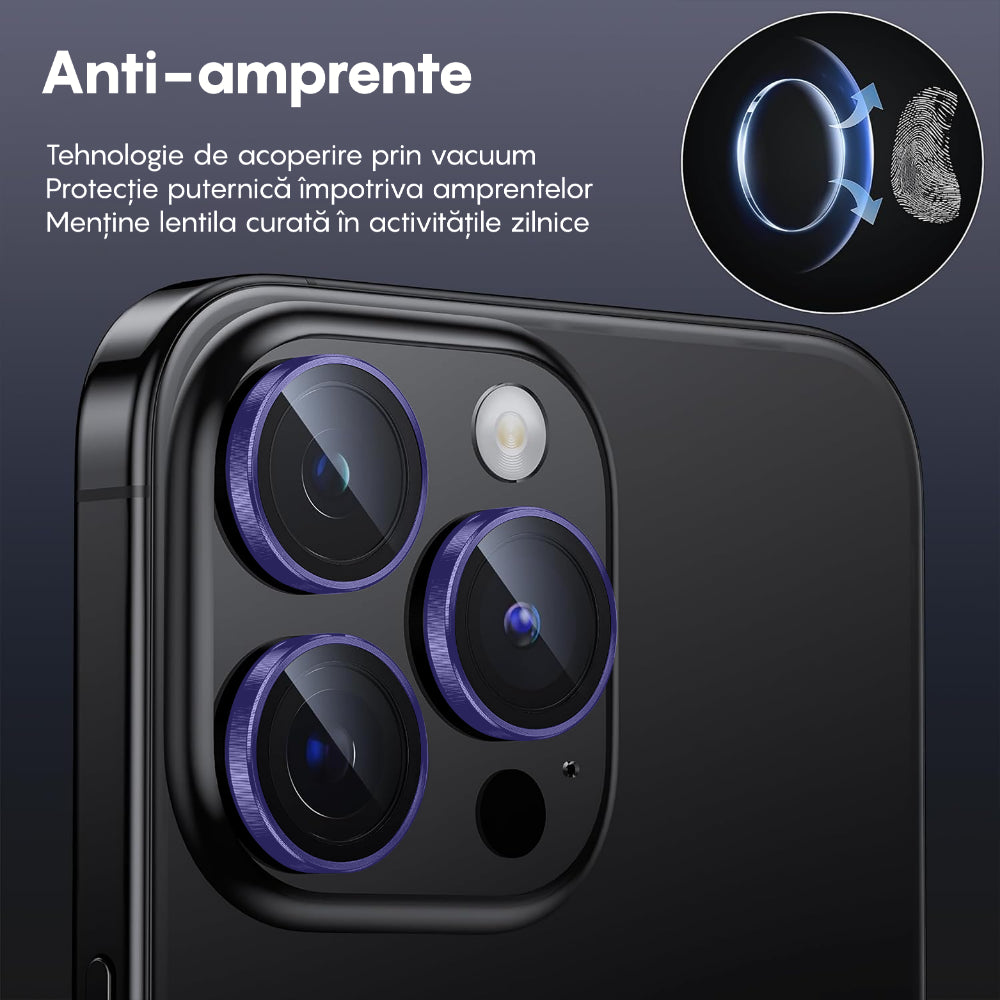 Folie Sticla Lentile Camera MaxDefense+ - iPhone 15 Pro/15 Pro Max - Mov Inchis