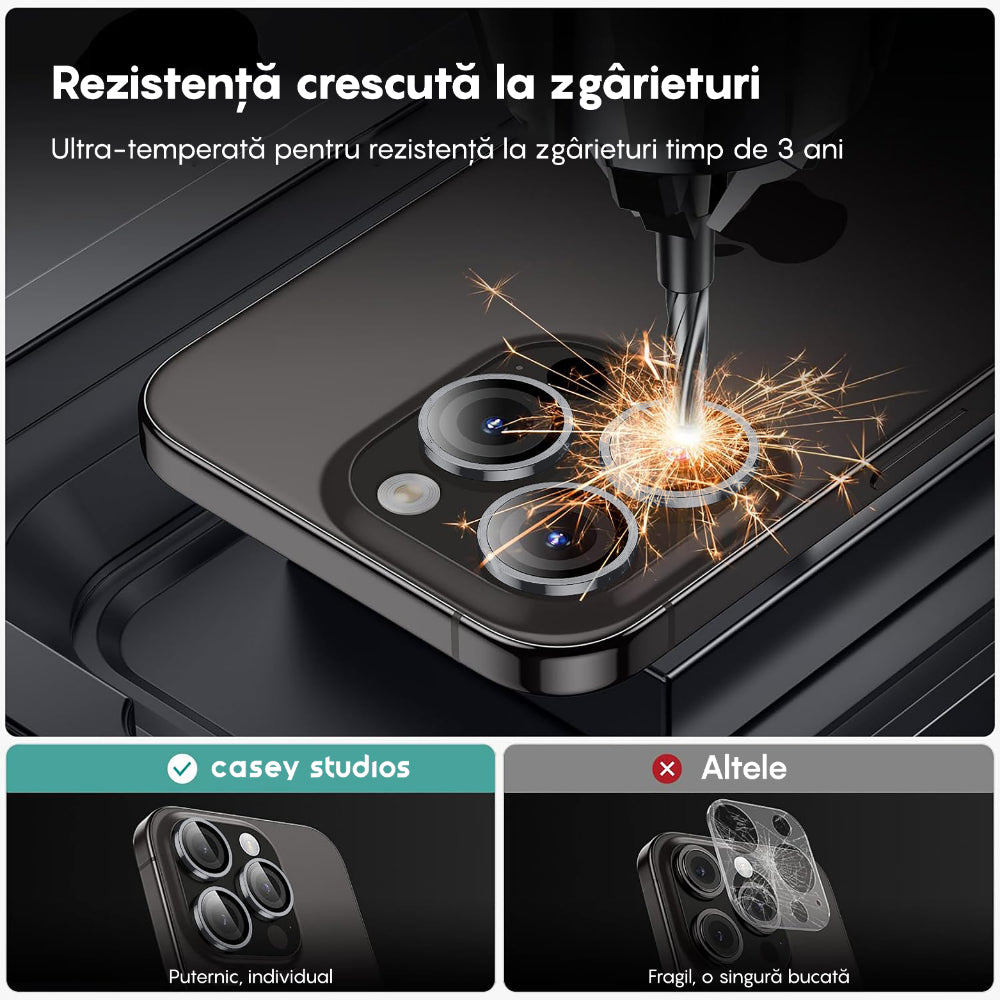 Folie Sticla Lentile Camera MaxDefense+ - iPhone 15 Pro/15 Pro Max - Argintiu