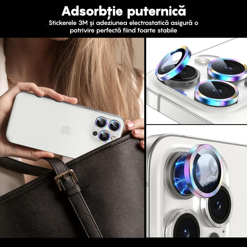 Folie Sticla Lentile Camera MaxDefense+ - iPhone 15 Pro/15 Pro Max - Curcubeu