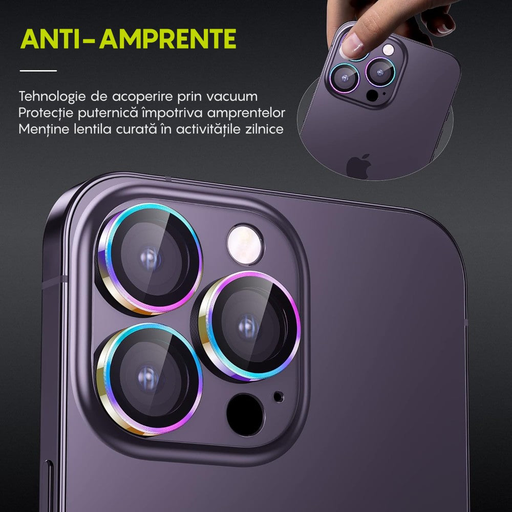 Folie Sticla Lentile Camera MaxDefense+ - iPhone 15 Pro/15 Pro Max - Curcubeu