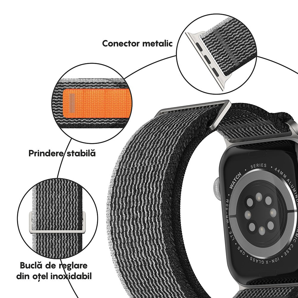 Curea Trail Scout - Apple Watch 1/2/3/4/5/6/7/8/9/SE/Ultra 1/Ultra 2 - 42/44/45/49 MM - Gri Inchis