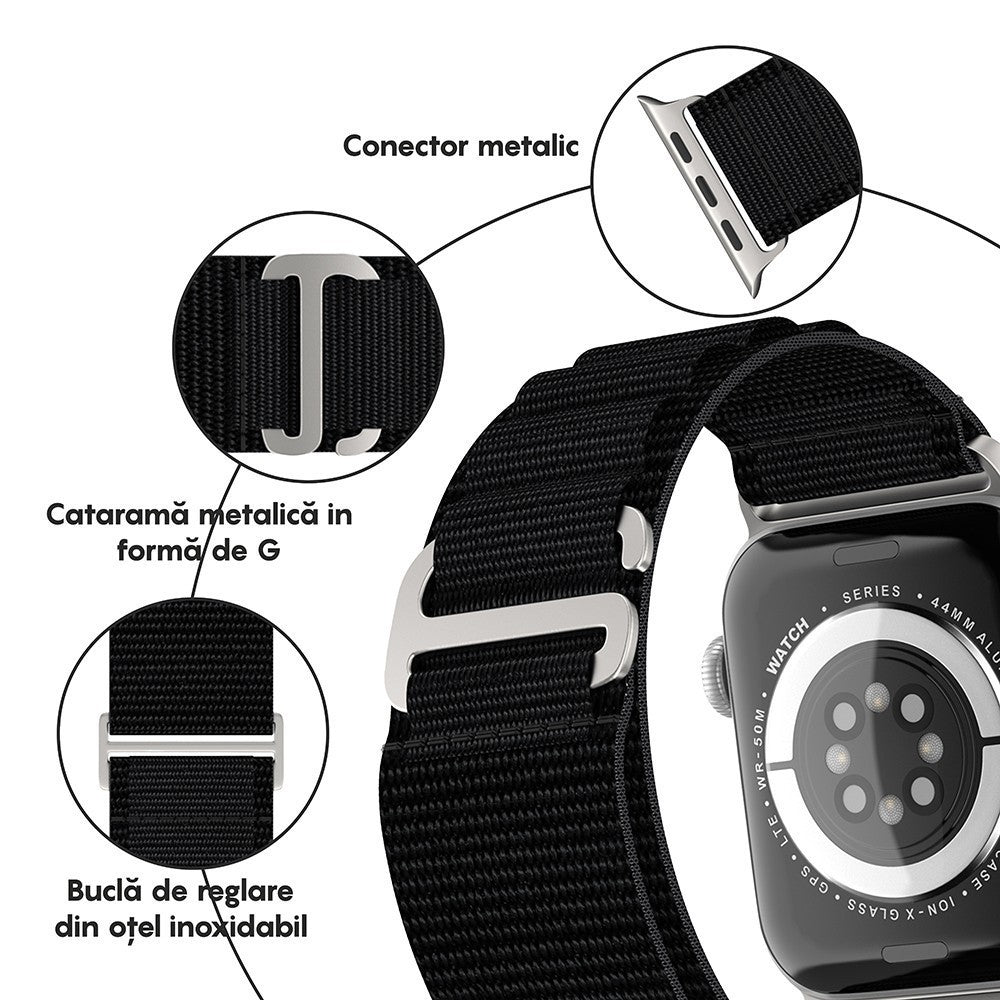 Curea Alpine Adventure - Apple Watch 1/2/3/4/5/6/7/8/9/10/11/SE/SE2/SE3 - 38/40/41/42 MM - Negru