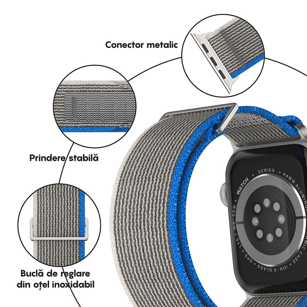 Curea Trail Scout - Apple Watch 1/2/3/4/5/6/7/8/9/10/11/SE/SE2/SE3 - 38/40/41/42 MM - Gri Deschis