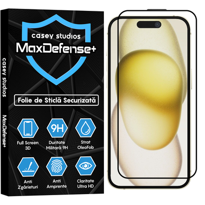 Folie Sticla MaxDefense+ - iPhone 15 - Negru